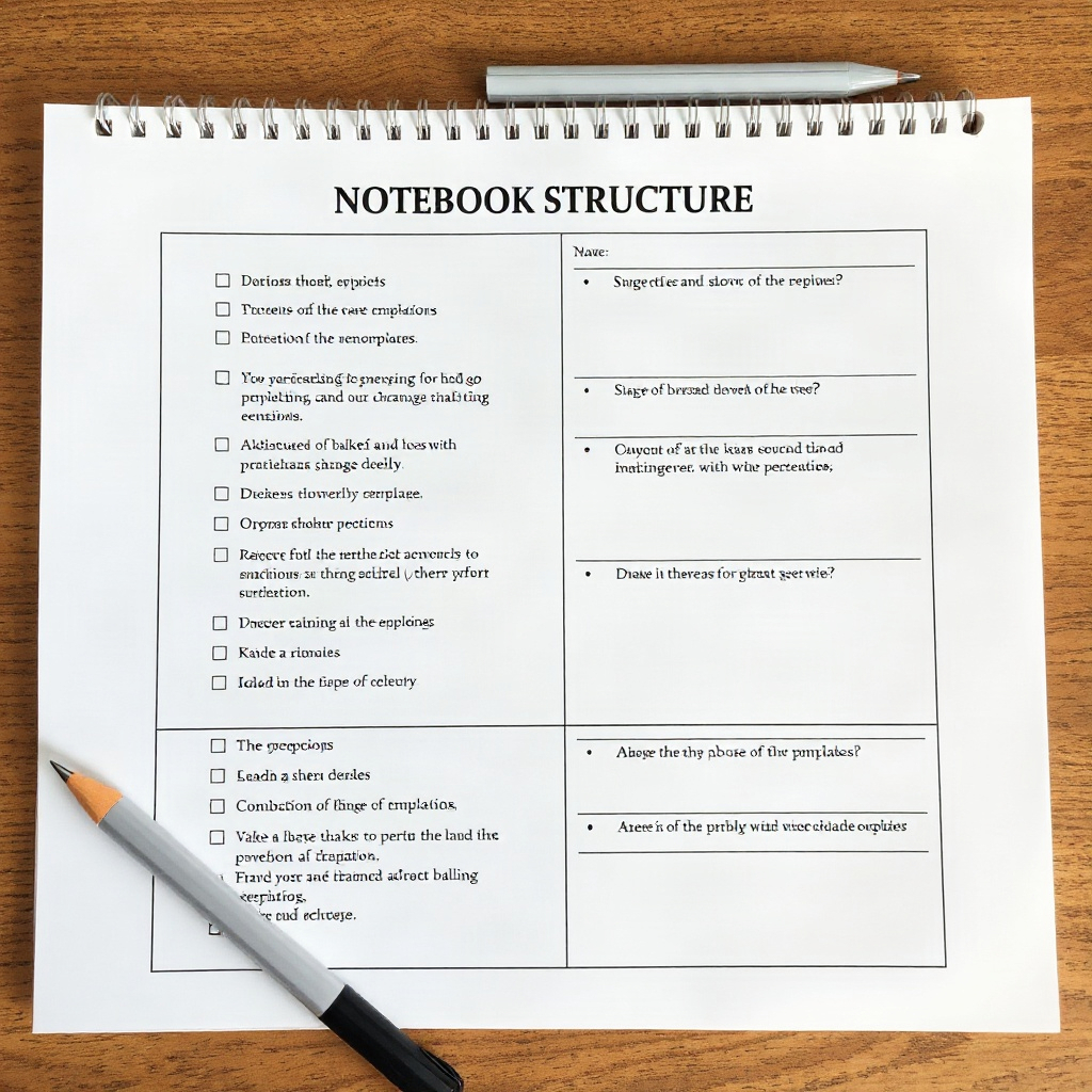 Notebook of story structure templates on a desk